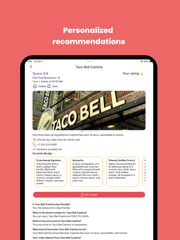 Craive: Dining Companion iPad screenshot 2 - Food & Drink app