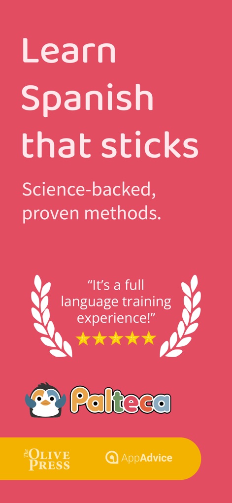 Speak Spanish: Palteca - The app's introductory screen highlights its "Science-backed, proven methods" and features a compelling 5-star user review, reinforcing its effectiveness.