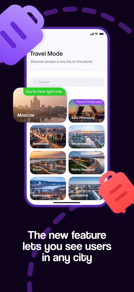 Twinby: Dating & Compatibility - Esta captura presenta la interfaz del "Modo Viaje", donde los usuarios pueden seleccionar una ciudad para explorar, destacando una lista de ciudades con sus respectivas imágenes y la clara interfaz de "Travel Mode" que permite descubrir perfiles en cualquier ubicación global.