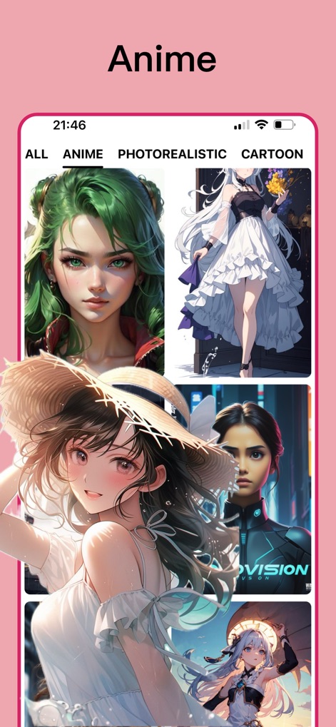 AIArt - AI Picture Generator - La aplicación destaca por su capacidad para generar arte en un estilo anime consistente, con una sección dedicada a este género y opciones de navegación por categorías como "ANIME" y "CARTOON".