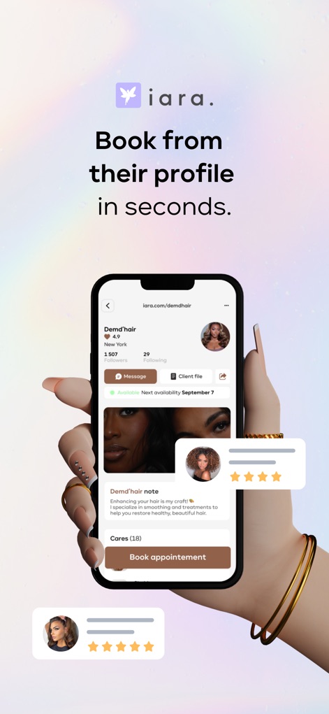 iara. - Explore perfis de profissionais com informações como avaliações de clientes e um botão "Book appointment" para agendamento rápido.