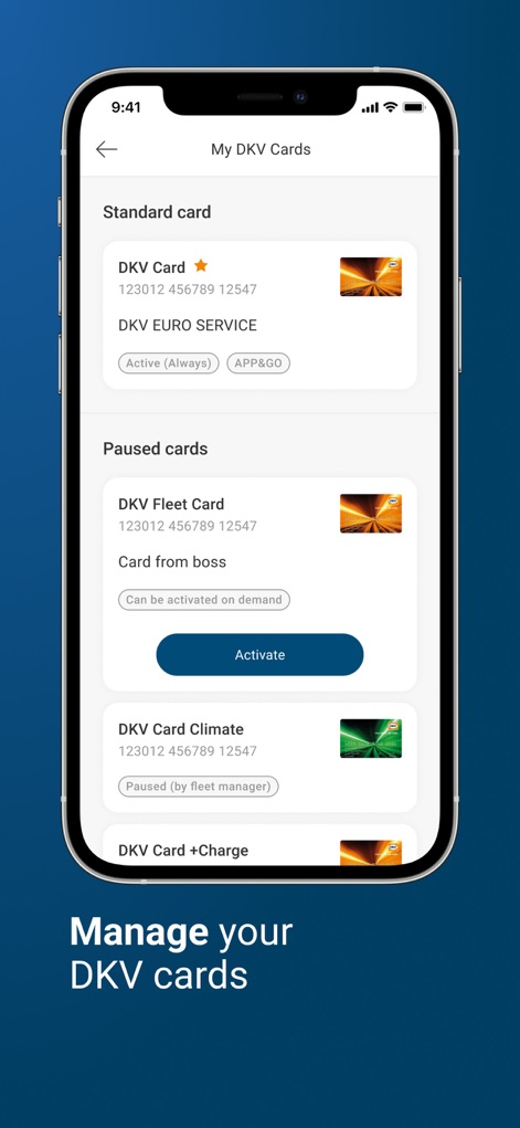 DKV Mobility - La aplicación centraliza la administración de tarjetas DKV, mostrando las "Standard card" activas y permitiendo a los usuarios activar o desactivar otras, como las "Paused cards", según sea necesario.