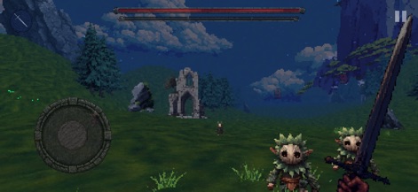 KnightBound - Dark Fantasy - Explore expansive open-world areas and confront unique creatures, such as these forest goblins, with ancient ruins hinting at the app's rich lore and diverse environments.