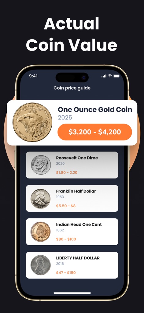 CoinIn: Coin Scan Identifier - La aplicación provee una guía de precios, exhibiendo el valor estimado de piezas como la "One Ounce Gold Coin 2025" en el rango de "$3,200 - $4,200", informando sobre su tasación.