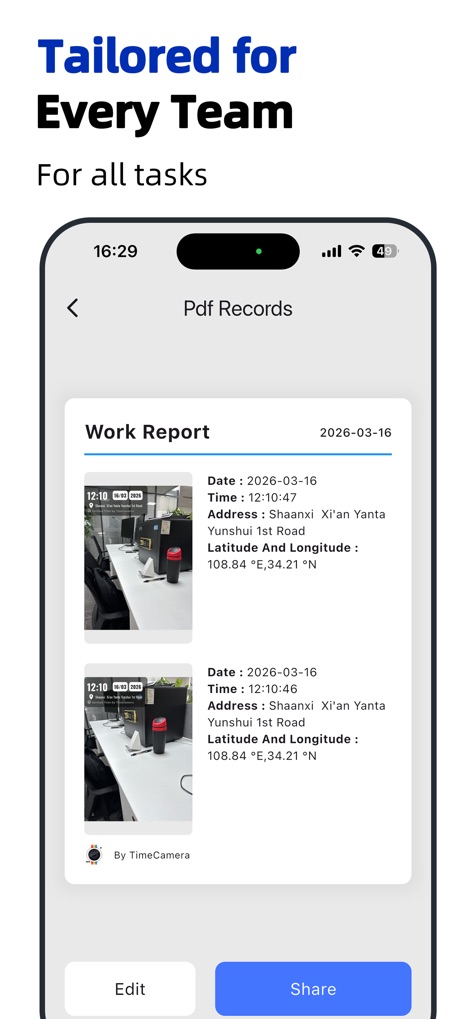 Timestamp Camera - Time & GPS - The app generates comprehensive work reports that consolidate multiple timestamped photos with detailed geographical coordinates.