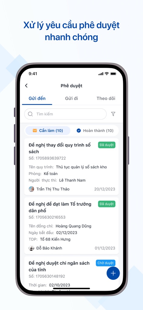 HanoiWork - Examine the streamlined approval interface, featuring categorized approval requests (received/sent) and clear status indicators for quick processing and oversight.