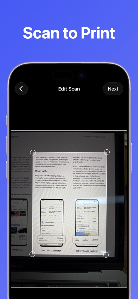 Smart Printer App : Scan - Witness the precision scanning capabilities as users can effortlessly crop scanned documents with intuitive handles on the "Edit Scan" screen.