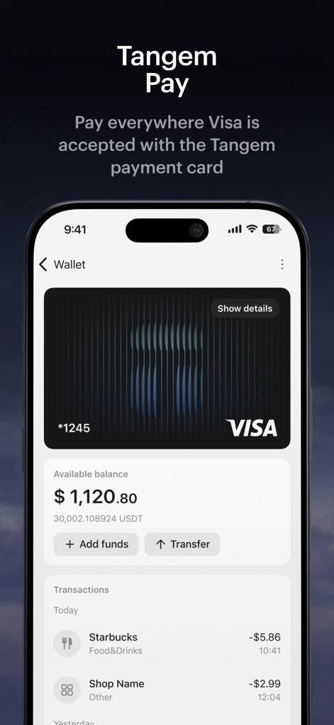 Tangem - Crypto wallet - Die Abbildung veranschaulicht "Tangem Pay", eine Funktion, die eine digitale "VISA"-Karte mit einem verfügbaren Saldo von "$1,120.80" und einer Auflistung der letzten Transaktionen darstellt.