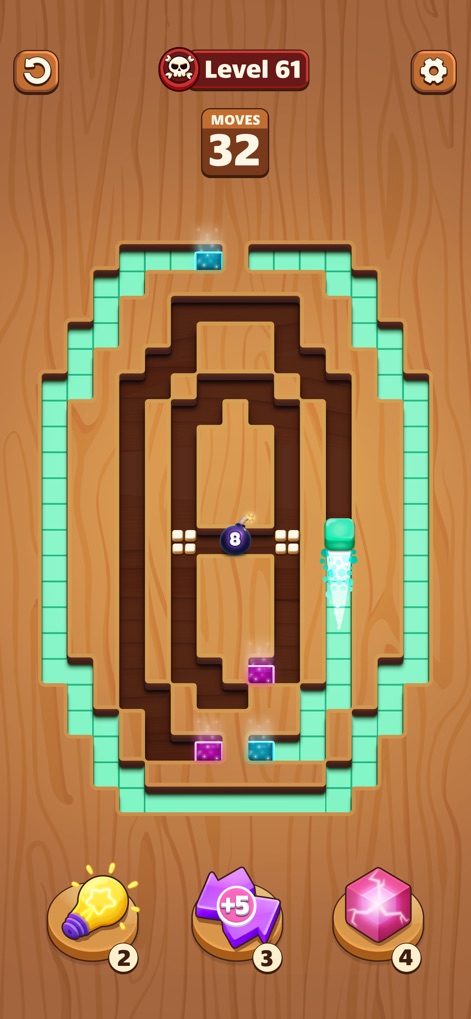 Maze Fill - This app features intricate maze layouts with challenging bomb obstacles, demonstrated at "Level 61" for experienced players seeking higher difficulty.