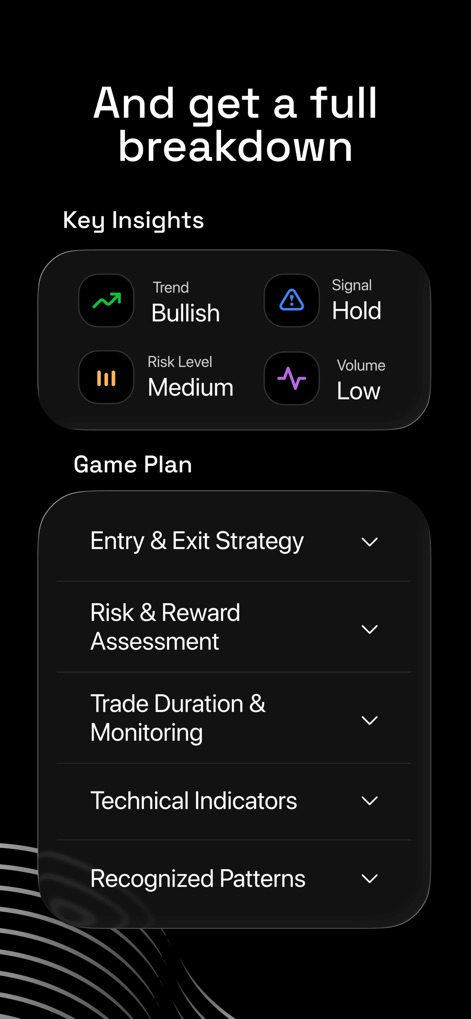 Profit AI - Trading Assistant - This image illustrates the 'Key Insights' section providing signal and risk level assessments, coupled with a comprehensive 'Game Plan' detailing entry/exit strategies and recognized patterns.