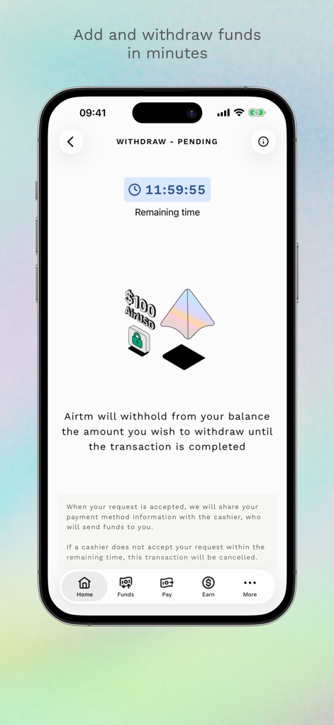 Airtm - Dieser Bildschirm zeigt den Status einer Auszahlungsanfrage mit einem prominenten Countdown-Timer und liefert eine klare textliche Erklärung des Bearbeitungsprozesses.
