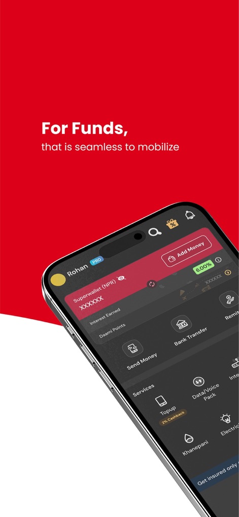Khalti Digital Wallet (Nepal) - The app's interface clearly displays the "Superwallet" balance and "Interest Earned," while providing direct access to essential functions like "Send Money" and "Bank Transfer" for efficient fund mobilization.