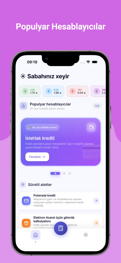 Kredit Hesabla - PulApp - La schermata principale offre un accesso rapido agli strumenti finanziari più utilizzati, come il calcolatore di 'Istehlak krediti' (credito al consumo) e il 'Valyuta konvertoru' (convertitore di valuta) posizionato nella parte superiore.