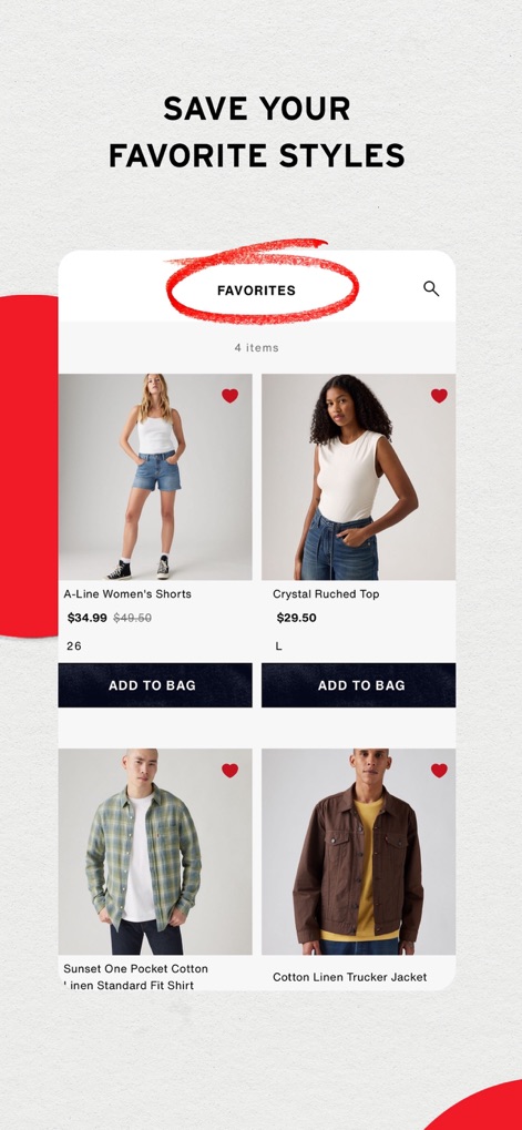 Levi's - Shop Denim & More - Users can effortlessly save preferred items to their designated 'Favorites' list and directly add desired styles to their shopping bag for streamlined purchasing.