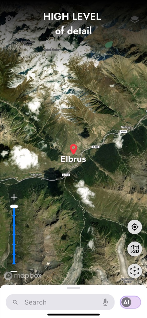 Globe 3D - Planet Earth Guide - Users can experience a high level of geographical detail, pinpointing specific locations like Elbrus, and utilizing the intuitive zoom controls for closer inspection.