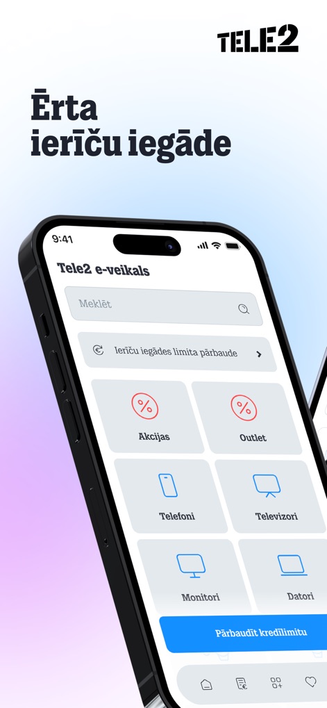 Mans Tele2 - A ferramenta oferece uma 'Ērta ierīču iegāde' através de um e-shop integrado, com categorias como 'Telefoni' e 'Televizori', e seções de 'Akcijas' e 'Outlet'.