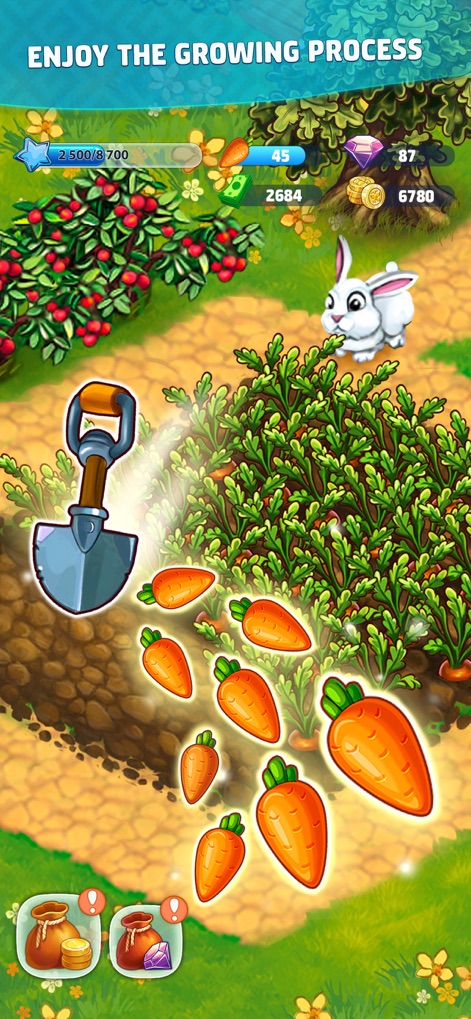 Harvest Land - This visual emphasizes the satisfaction of cultivating crops, displaying vibrant growing carrots and an adorable rabbit exploring the garden.