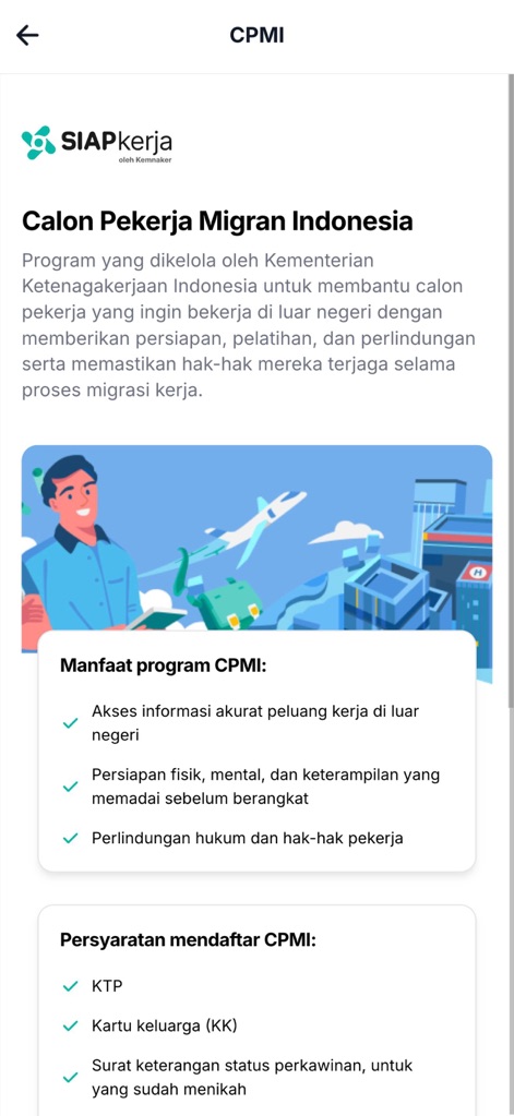 SIAPkerja Kemnaker - The app provides comprehensive information on the 'Calon Pekerja Migran Indonesia' program, highlighting its key benefits and required 'Persyaratan mendaftar CPMI'.