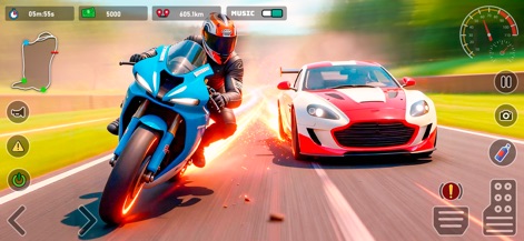 TurboX: Moto & Car Racing Game - La aplicación muestra la intensa competición entre una moto y un coche deportivo, con chispas de fricción en la pista y el minimapa de circuito activo en la interfaz.