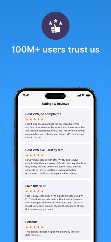 VPN - Super Unlimited Proxy App Store screenshot 6, headline “100M+ users trust us”. Star rating shown.