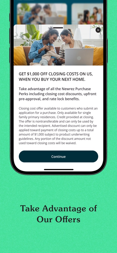 Newrez - The app highlights valuable "closing costs" offers and other "Newrez Purchase Perks" to benefit mortgage holders and applicants.