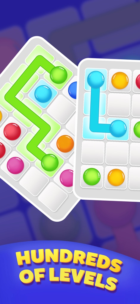 Ball Connect: Color Dot Puzzle - This view showcases the diverse puzzle complexities, from simpler blue connections to intricate green paths, hinting at the hundreds of levels available.