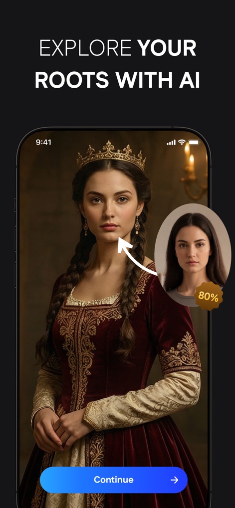 Mysticat-AI Photo Studio - Users can explore historical personas through AI transformations, seeing themselves as a regal figure with an inset displaying the original photo for comparison.