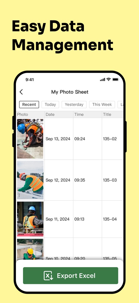 Timemark: #1 Job Photo App - Los usuarios pueden visualizar y gestionar sus fotos en un formato tabular organizado por fecha y hora, con la funcionalidad de exportar rápidamente la información a 'Excel' para un análisis posterior.