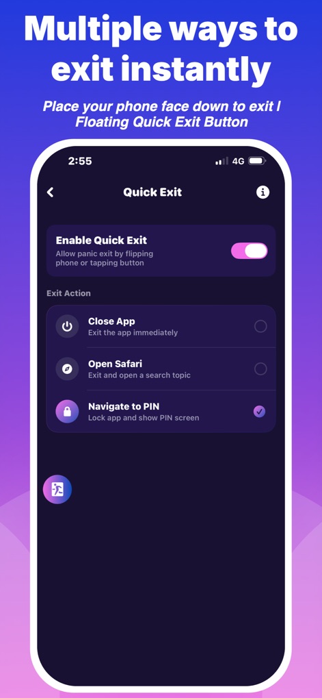 Private Photo & Video Lock - 「Enable Quick Exit」のトグルスイッチと、「Close App」「Open Safari」といった具体的な退出オプションが示されており、緊急時の迅速なアプリ操作を可能にします。