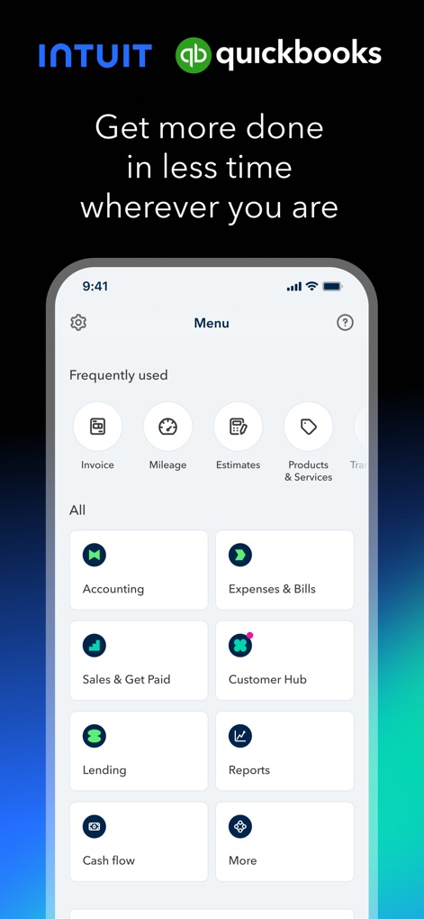 Intuit QuickBooks for Business - このアプリのダッシュボードは、経理、経費、顧客管理など主要な機能へ素早くアクセスできる「Frequently used」セクションと「All」セクションを提供し、ユーザーはすべての業務を一目で把握できます。