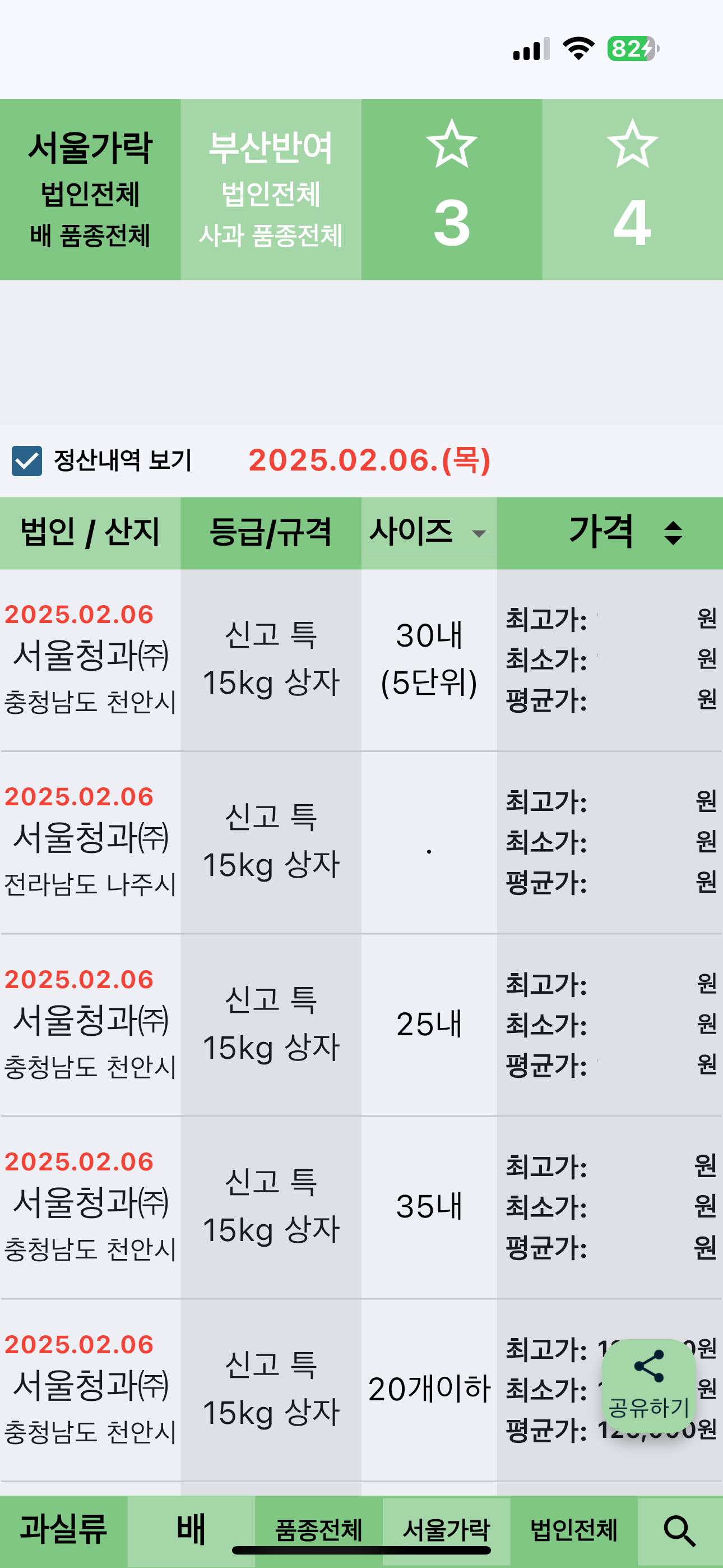 농산물 실시간 경매 가격