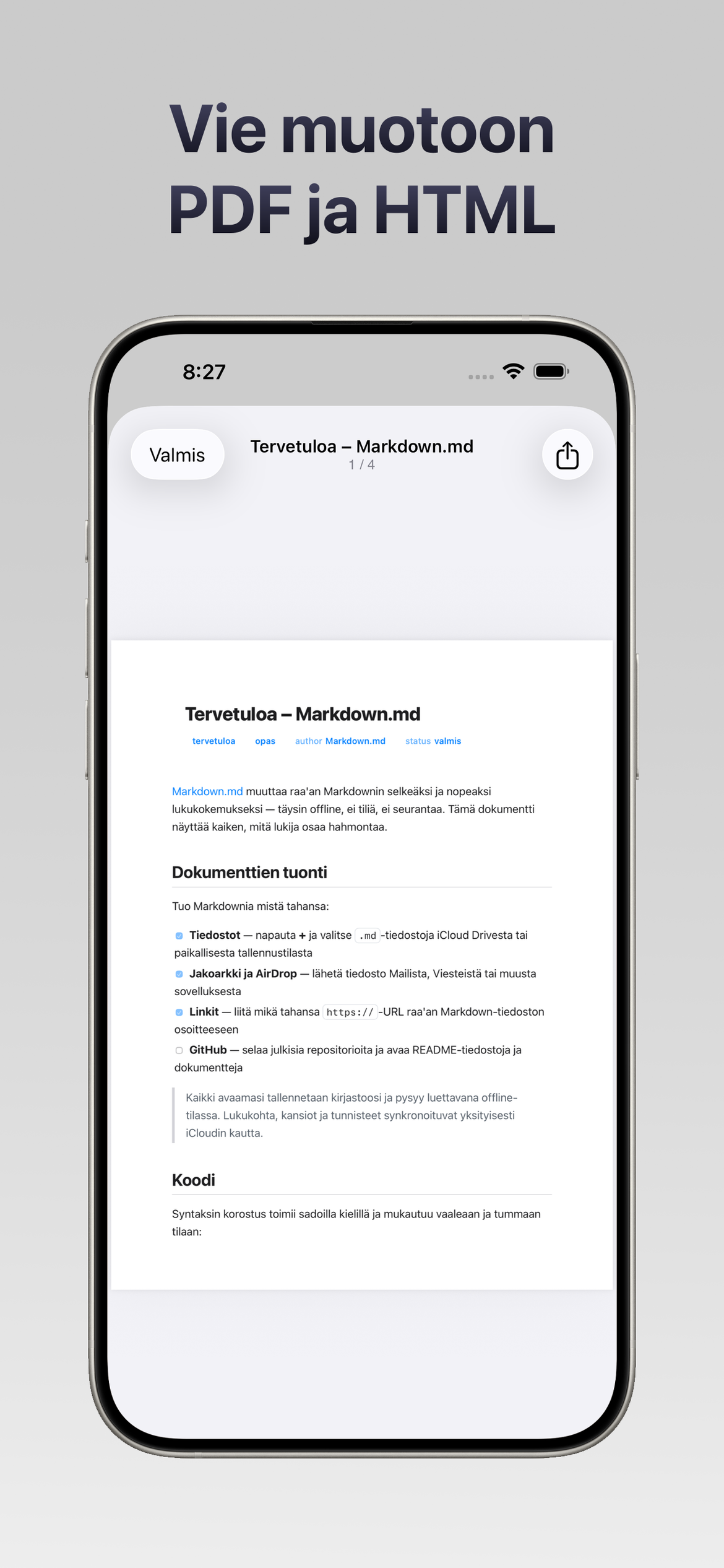 Vie PDF- ja HTML-muotoihin