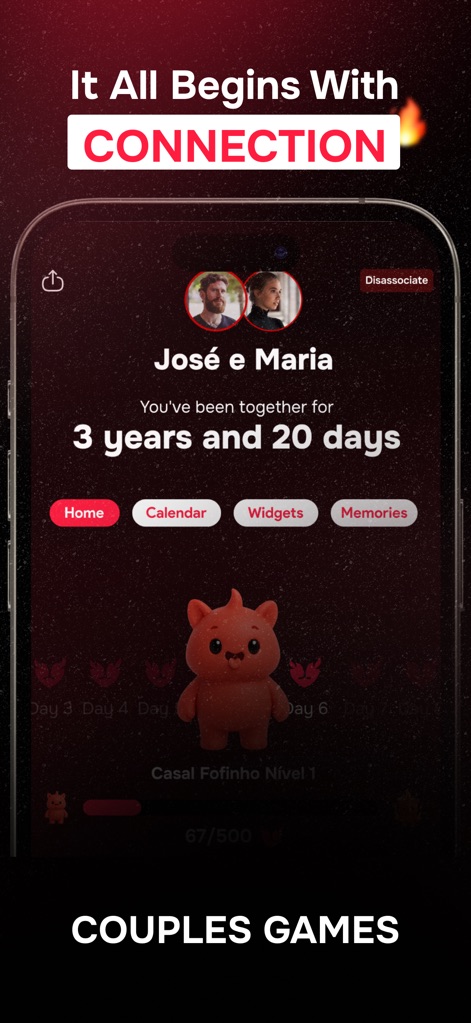 Heat: Couple Games for Adults - The app allows users to track their relationship duration and engage with gamified progression via an interactive character.
