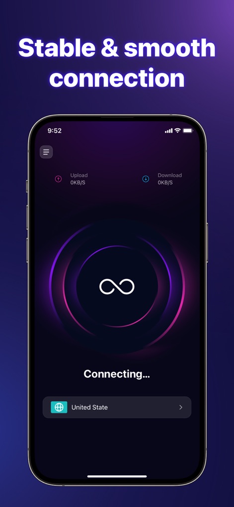 WebShield VPN - Private&Secure - This view showcases the 'Connecting...' status with an animated infinity symbol, demonstrating the app's intelligent algorithms working to establish a stable and smooth network environment.