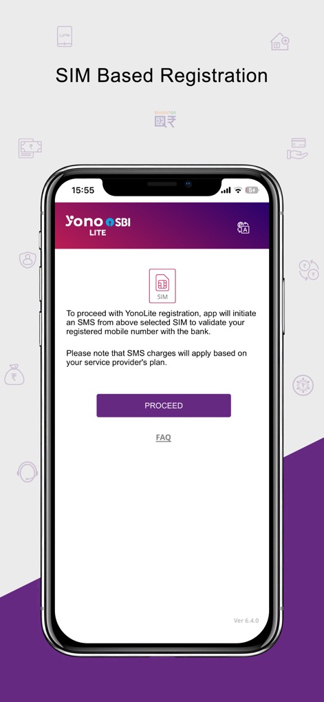 Yono Lite SBI - This screen details the SIM-based validation process and explains the associated SMS charges for user verification.