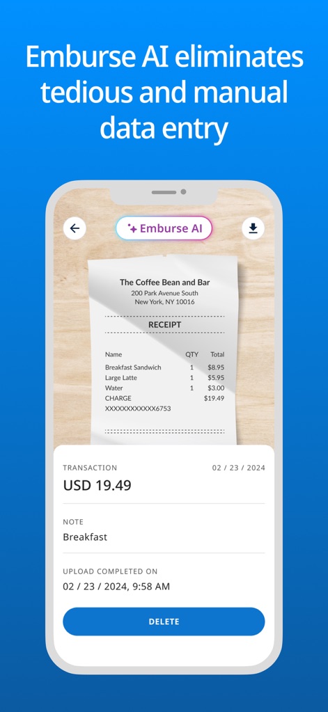 Emburse Enterprise - Discover how Emburse AI intelligently extracts key transaction data like "USD 19.49" and expense descriptions such as "Breakfast", significantly reducing manual entry for users.