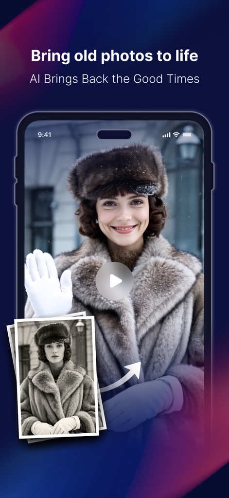 DeeVid - AI Video Generator - 이 앱은 오래된 흑백 사진을 업로드하면 AI가 이를 생생하고 다채로운 현대적인 비디오로 변화시켜 생명을 불어넣습니다.