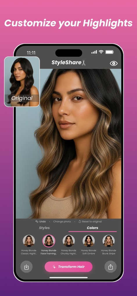 StyleShare: Hair Color Changer - L'app consente di visualizzare "mèches bionde spesse e definite" che risaltano sull'acconciatura principale e di confrontare il risultato direttamente con l'aspetto dei capelli nella "foto originale".