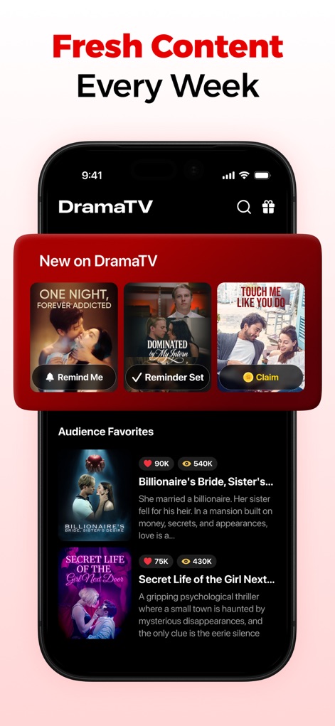 DramaTV – Watch Drama Shorts - La aplicación mantiene a los usuarios al día con una sección dedicada a "Nuevo en DramaTV" y la opción de configurar recordatorios para los próximos lanzamientos.