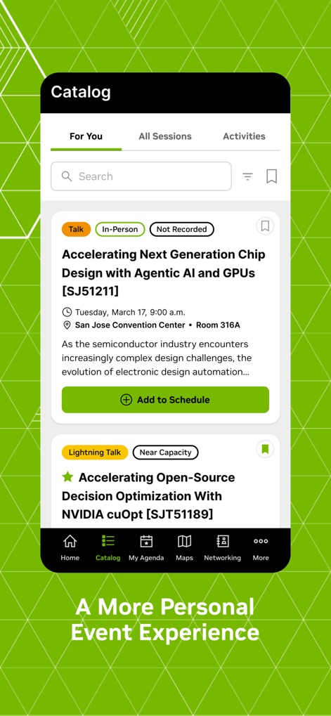 NVIDIA GTC - Cet outil permet aux professionnels de parcourir un catalogue de sessions complet, offrant des filtres de recherche avancés et la possibilité d'ajouter directement les sessions pertinentes à leur emploi du temps.