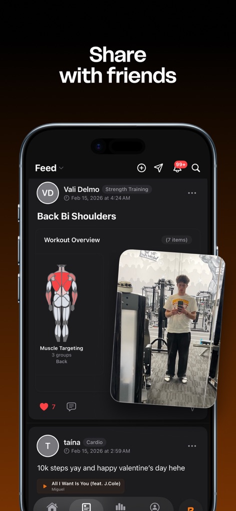 Built Workout - The app allows users to share their workout achievements, showcasing an auto-generated muscle map of worked groups and facilitating engagement within a vibrant social sharing feed.