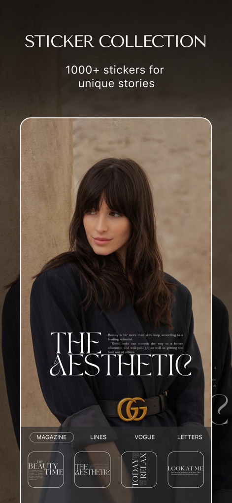 MalibooMake - Unleash creativity with the app's extensive sticker collection, showcasing both expressive text stickers like 'THE AESTHETIC' and stylized categories such as 'Vogue'.