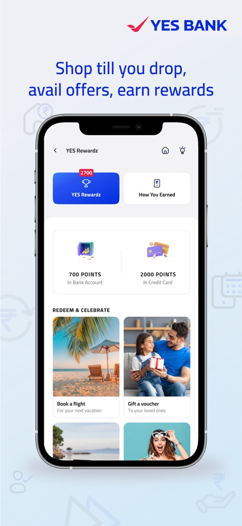 IRIS by YES BANK - Mobile App - The app clearly showcases the total "YES Rewardz" points, differentiated between "In Bank Account" and "In Credit Card," alongside diverse "REDEEM & CELEBRATE" options like "Book a flight" and "Gift a voucher."