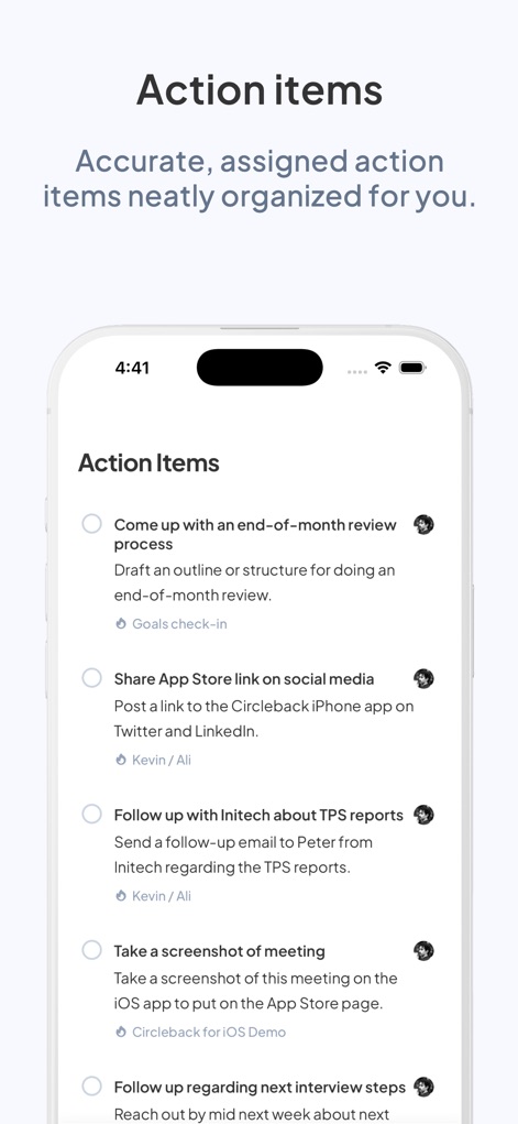 Circleback iOS app showing meeting notes and AI assistant interface