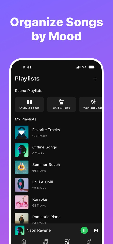 Offline Music & MP3 Player - Organize music effortlessly with thematic 'Scene Playlists' and detailed 'My Playlists' displaying track counts for efficient library management.