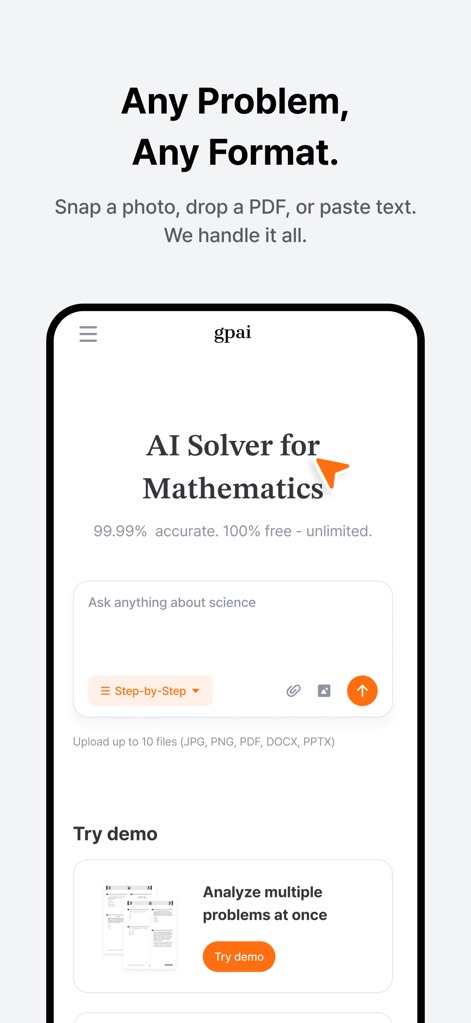GPAI: AI STEM Copilot - Die App ermöglicht Nutzern die Eingabe von Problemen in verschiedenen Formaten, wie dem Hochladen von bis zu 10 Dateien oder der direkten Texteingabe in das 'Ask anything about science'-Feld.