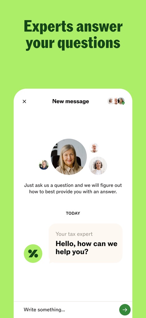 Taxfix: Tax return for Germany - The app provides direct access to expert assistance through a chat interface, prominently featuring a welcoming message from "Your tax expert" and displaying profile images of the diverse team ready to help.