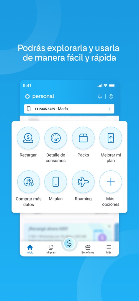 Mi Personal - Discover the organized grid of service icons like 'Recargar' and 'Mejorar mi plan', alongside the persistent bottom navigation bar for quick access.