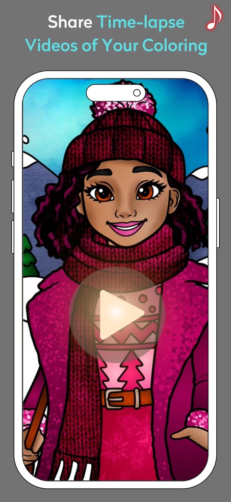 Adult Coloring Book: Chroma - 사용자는 자신의 채색 과정을 타임랩스 비디오로 기록하고 공유할 수 있습니다. 완성된 겨울 테마 그림과 함께 재생 버튼이 표시되어 비디오 기능을 시각적으로 보여줍니다.
