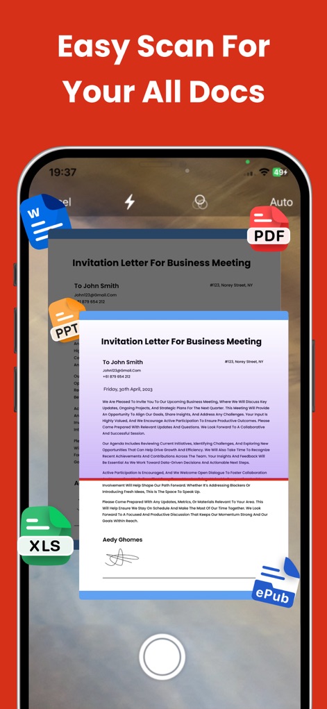 PDF Converter - PDF Editor・ - Capture and convert various document types, including invitations and business letters, directly into a PDF format with the app's scanning function.